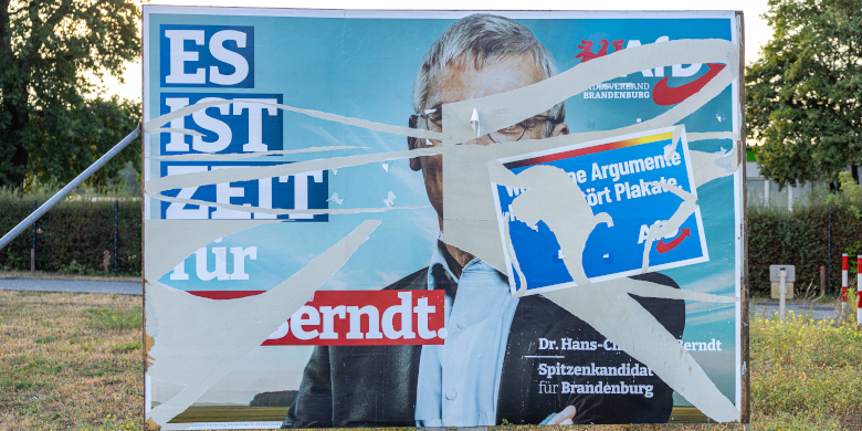 Zerrissenes AfD-Wahlplakat im Vorfeld der Landtagswahlen in Brandenburg am 22. September 2024.