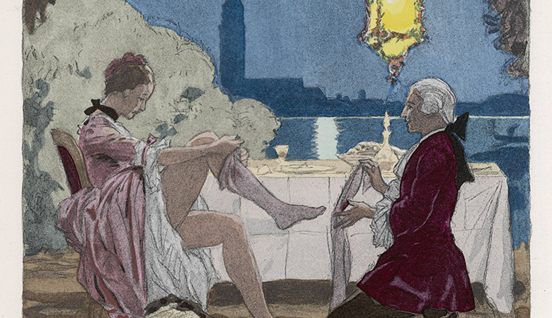 Darstellung von Giacomo Casanova, der im Mondlicht einer Geliebten Avancen macht.