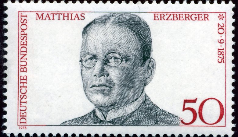 Briefmarke der Deutschen Bundespost über 50 Pfennig aus dem Jahre 1975, anlässlich des 100. Geburtstags von Matthias Erzberger.