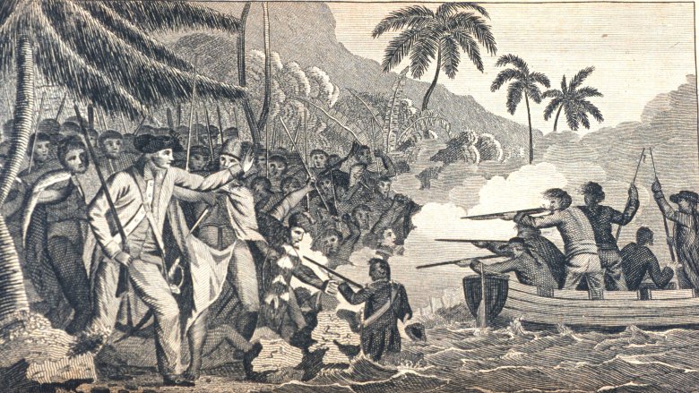 Darstellung der Auseinandersetzung auf Hawaii am 14. Februar 1779, die für James Cook tödlich endete.