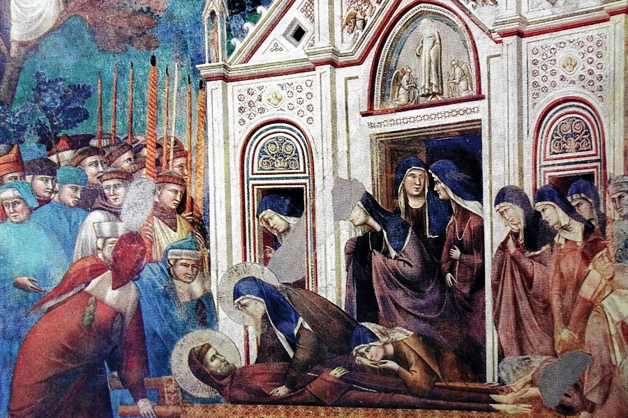 Klara und ihre Mitschwestern nehmen in San Damiano Abschied vom toten Franziskus. Ausschnitt eines Freskos von Giotto in der Oberkirche der Basilika San Franceso in Assisi. 