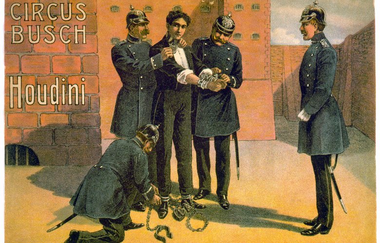 Polizisten fesseln Harry Houdini – Lithografie zur Bewerbung einer Zirkusvorstellung 1908.