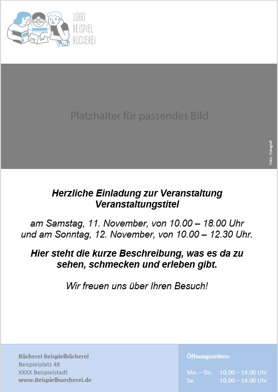 Plakat mit grauem Platzhalter für ein Bild oben, darunter Text: 