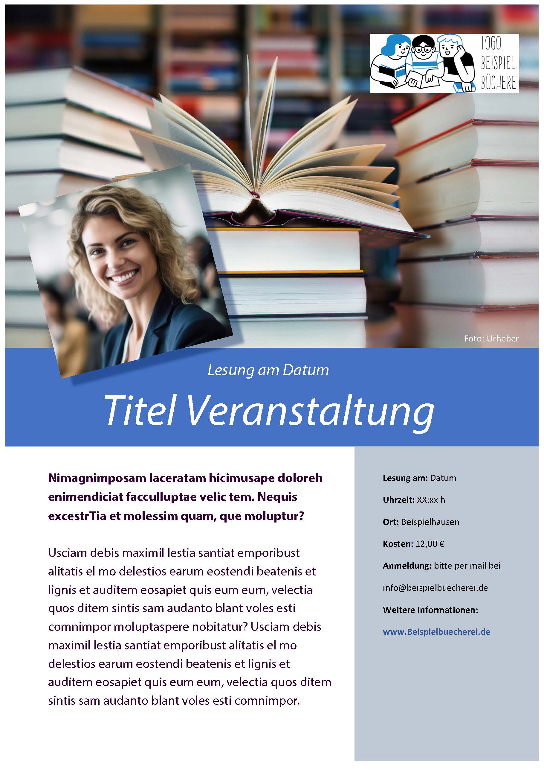 Ein Stapel Bücher im Hintergrund, im Vordergrund eine lächelnde Frau mit Brille. Rechts unten Textfeld mit Informationen zu einer Lesung, darunter Datum, Ort, Kosten und Website. Oben rechts das Logo einer Buchhandlung.