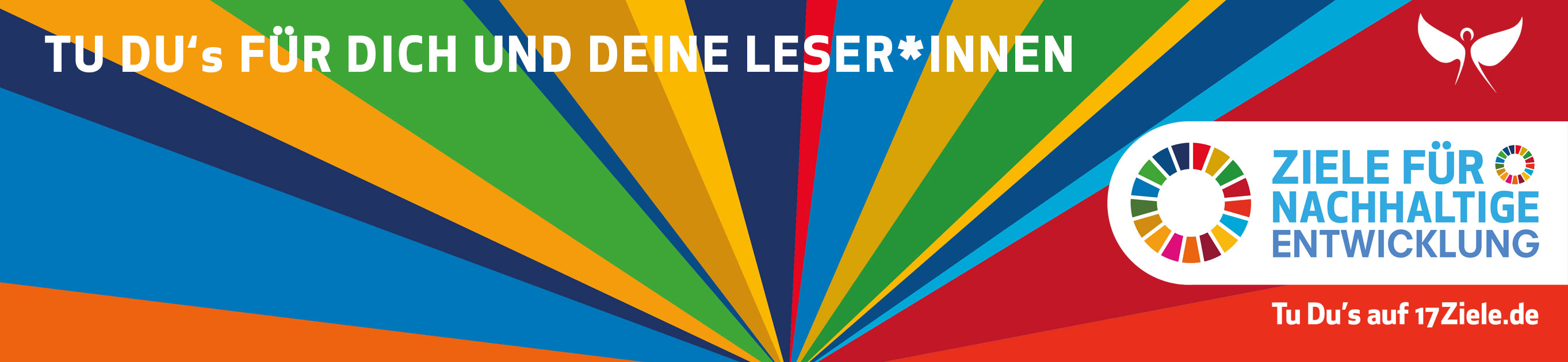 Buntes Banner mit strahlenförmigen, farbigen Linien, Text 