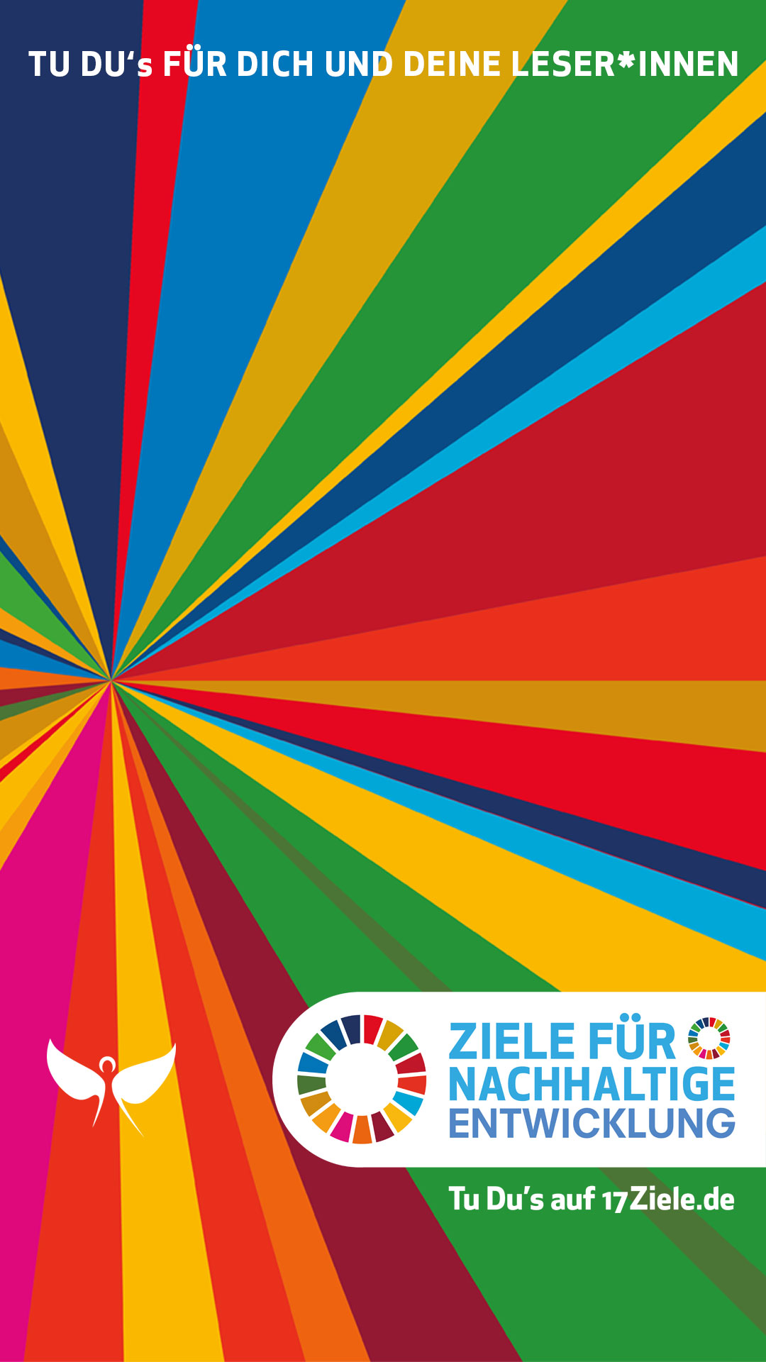 Buntes, strahlenförmiges Design mit dem Text 
