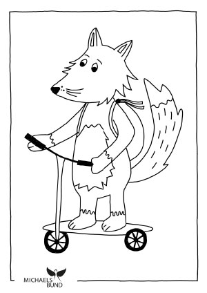 Ein Fuchs mit Rucksack fährt auf einem Roller.