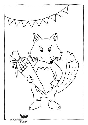 Ein Fuchs hält eine Schultüte, umgeben von einer Wimpelkette. Unten links das Logo von Michaelsbund.