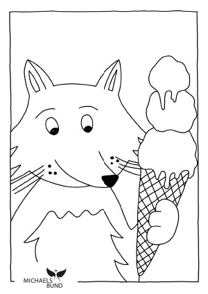 Ein Fuchs hält ein großes Eis mit drei Kugeln in der Hand. Das Bild ist eine Malvorlage. Unten links befindet sich das Logo von Michaelsbund.