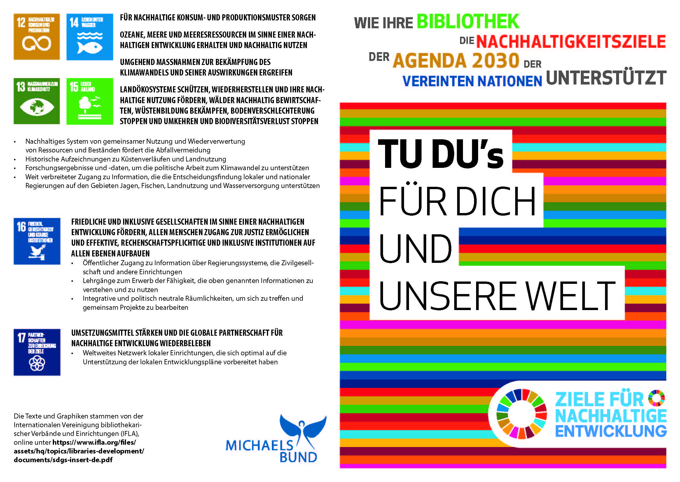 Flyer zur Unterstützung der Nachhaltigkeitsziele der Agenda 2030 der Vereinten Nationen, mit bunten Streifen und Texten zu nachhaltiger Entwicklung. Oben rechts das Logo von Michaelsbund.
