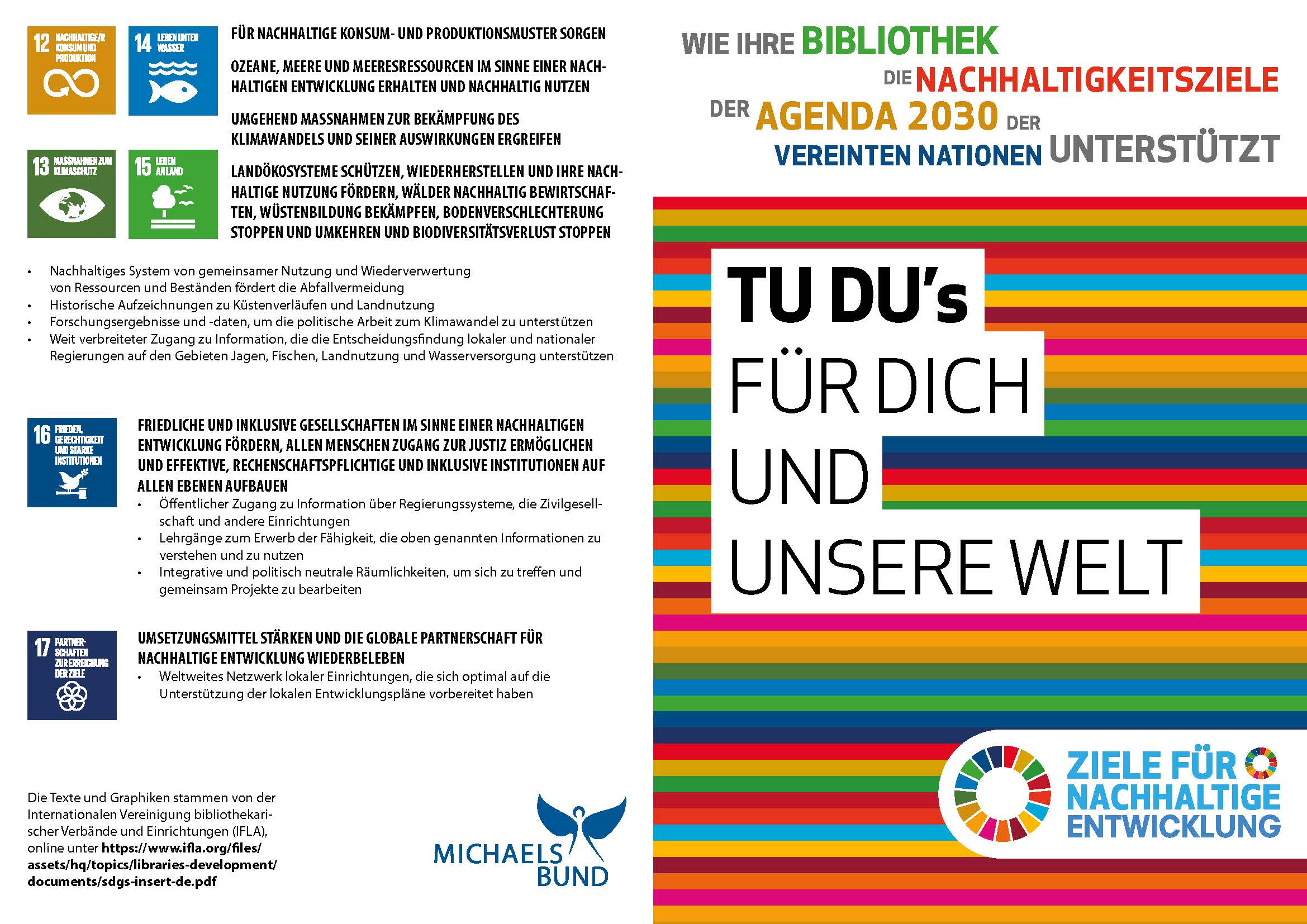 Flyer mit bunten Streifen und Text über Nachhaltigkeit. Links oben sind Symbole und kurze Beschreibungen der Nachhaltigkeitsziele. Rechts steht in großen Buchstaben: 