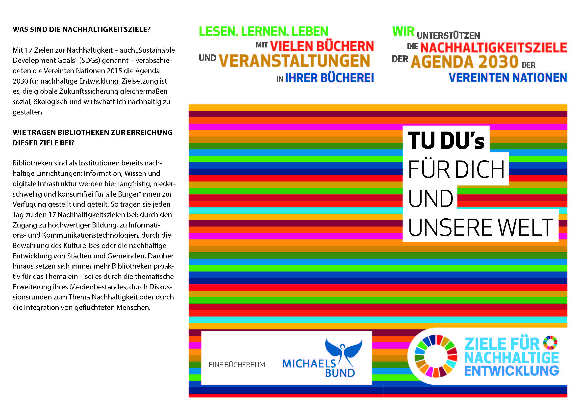 Flyer mit bunten Streifen und Texten zu Nachhaltigkeit, Büchern und Veranstaltungen. Oben stehen die Sätze 