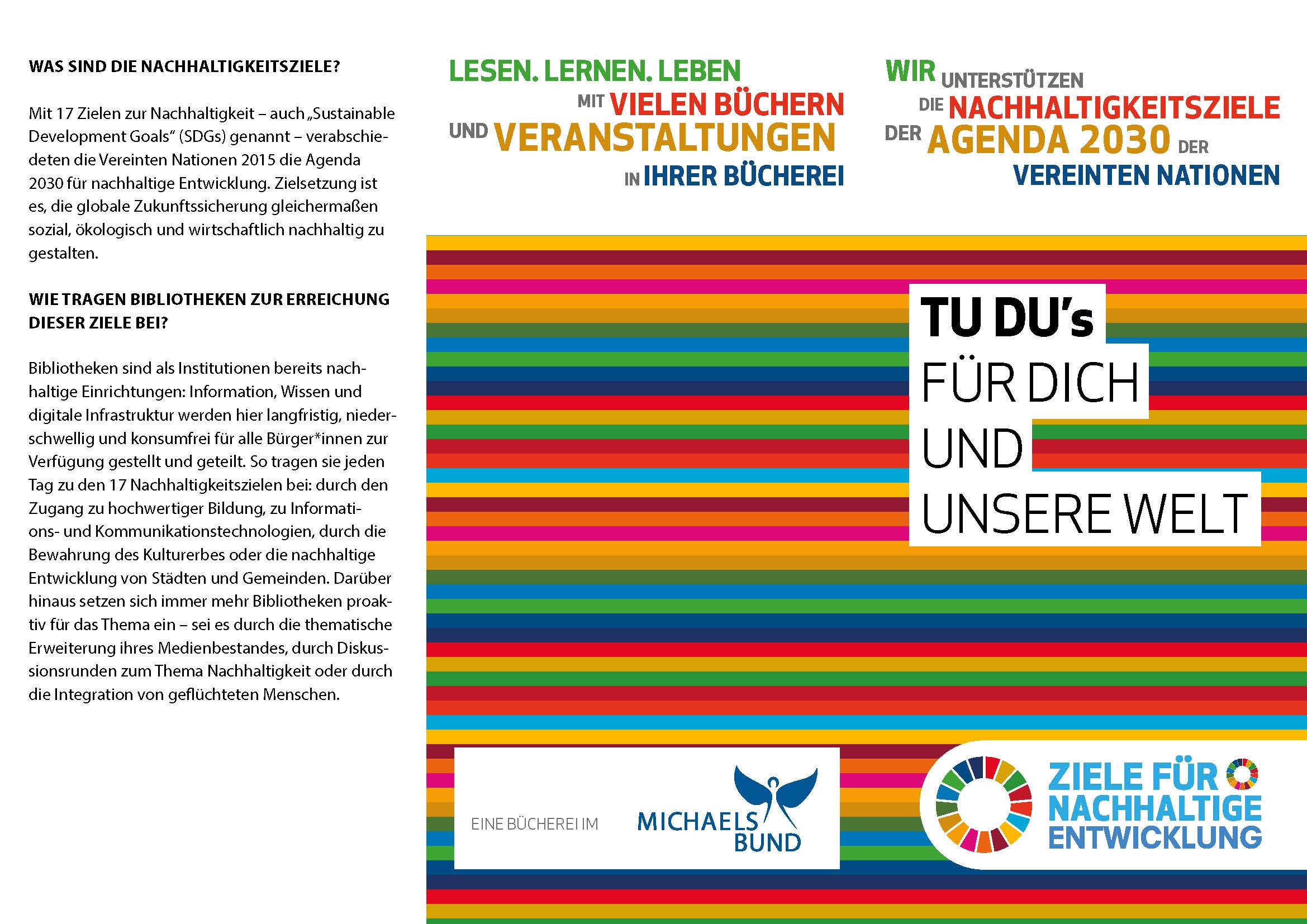 Flyer mit bunten horizontalen Streifen und Texten. Links oben: Erklärung der Nachhaltigkeitsziele. Rechts oben: 