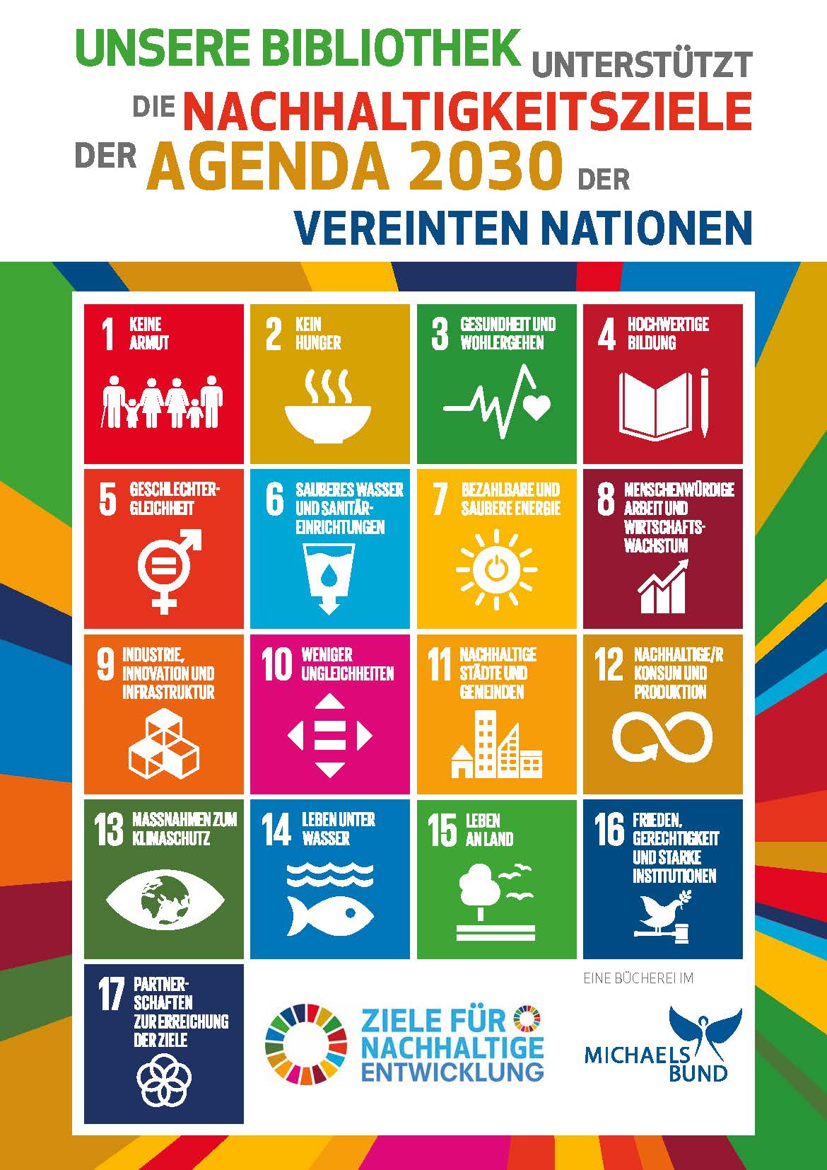 Plakat mit bunten Symbolen und Texten zu den 17 Nachhaltigkeitszielen der Agenda 2030 der Vereinten Nationen, mit dem Titel 