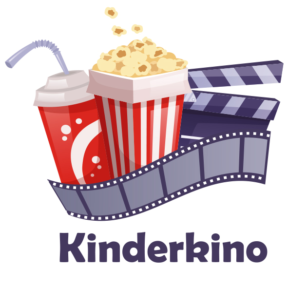Illustration mit einem Getränkebecher mit Strohhalm, einer Popcorn-Schachtel und einer Filmklappe, umgeben von einem Filmstreifen. Darunter steht der Schriftzug 