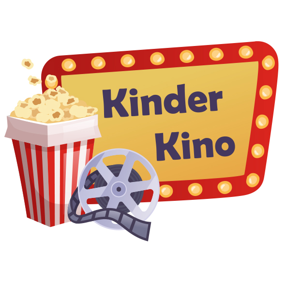 Illustration eines rot-weiß gestreiften Popcornbechers mit Popcorn, daneben eine Filmrolle mit Filmstreifen. Im Hintergrund ein gelbes Schild mit der Aufschrift 