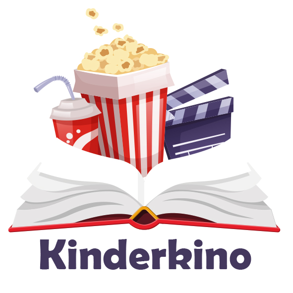 Illustration eines aufgeschlagenen Buches mit einem Popcornbecher, einem Getränkebecher mit Strohhalm und einer Filmklappe darüber. Darunter steht der Schriftzug 