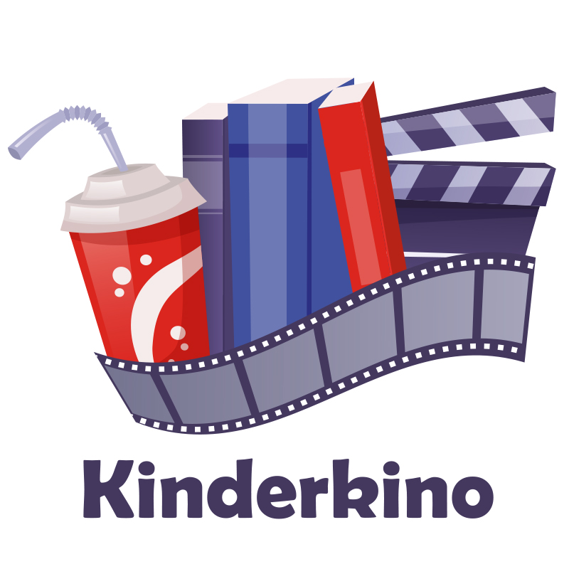 Logo mit einem Getränkebecher mit Strohhalm, zwei Büchern, zwei Filmklappen und einem Filmstreifen. Darunter steht 