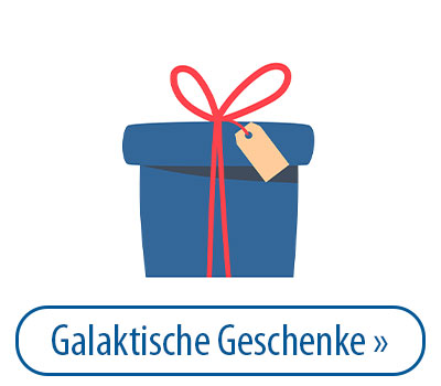 Illustration eines blauen Geschenkpäckchens mit rotem Band und Geschenkanhänger, darunter der Text 