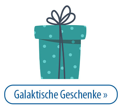 Ein türkisfarbenes Geschenk mit Punkten und einer Schleife, darunter der Text 