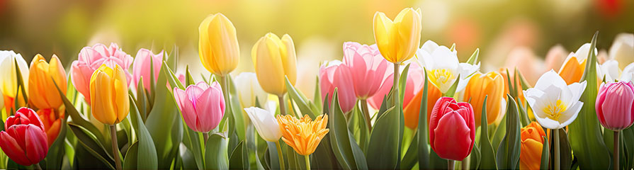 Bunte Tulpen in voller Blüte im Sonnenlicht, mit einem verschwommenen Hintergrund aus weiteren Blumen.