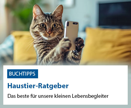 Eine getigerte Katze hält ein Smartphone in den Pfoten. Darunter ein Textfeld mit der Aufschrift: 