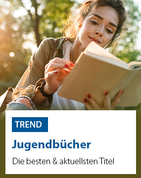Junge Frau liest ein Buch im Freien, umgeben von Bäumen. Text: 