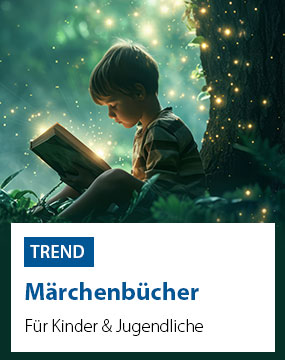 Ein Kind sitzt in einem Wald und liest ein Buch, umgeben von leuchtenden Lichtern. Text: 
