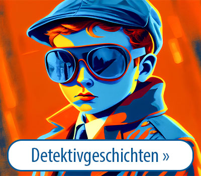 Illustration eines jungen Detektivs mit großer Sonnenbrille und Mütze in leuchtenden Blau- und Orangetönen. Darunter steht der Text 