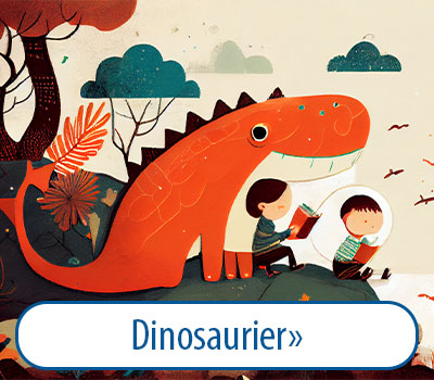 Illustration eines großen, orangefarbenen Dinosauriers, neben dem zwei Kinder sitzen. Ein Kind liest ein Buch, während das andere Kind in einem durchsichtigen Ball sitzt. Im Hintergrund sind Bäume und Wolken zu sehen. Darunter steht der Text 