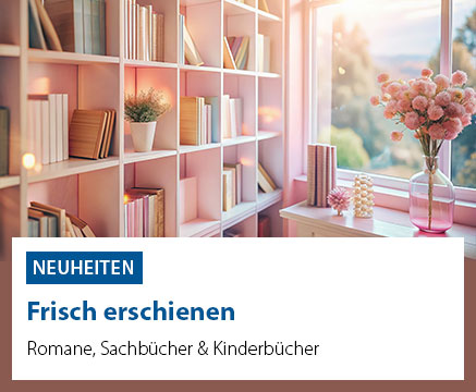 Bücherregal mit verschiedenen Büchern, daneben ein Fenster mit Blick auf eine sonnige Landschaft. Auf dem Fensterbrett steht eine Vase mit Blumen. Text: 