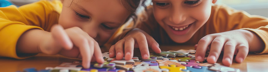Zwei lachende Kinder in gelben Oberteilen legen gemeinsam ein Puzzle auf einem Tisch.