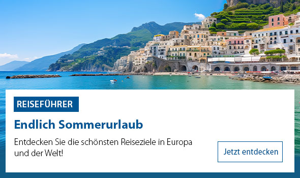 Küstenstadt mit bunten Häusern am Hang, blaues Meer im Vordergrund, Text: 
