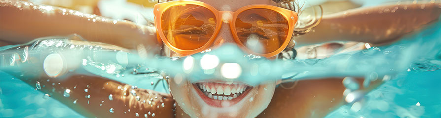 Eine Person mit orangefarbener Sonnenbrille lächelt im Wasser, während Sonnenlicht auf die Wasseroberfläche scheint.