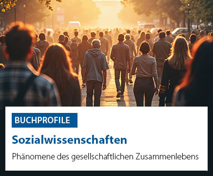 Menschenmenge, die in eine sonnige Straße geht, mit dem Text 