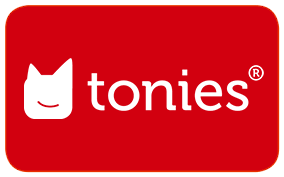Tonies-Logo mit stilisiertem Katzenkopf auf rotem Hintergrund.