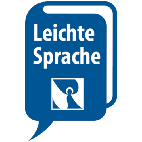 Blaues Symbol mit einem stilisierten Buch und einer Sprechblase, darin der Text 