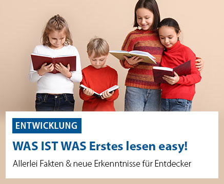 Vier Kinder stehen nebeneinander und lesen Bücher. Sie tragen bunte Kleidung in Rot- und Brauntönen. Darunter steht der Text: 