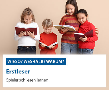 Vier Kinder stehen nebeneinander und lesen Bücher. Sie tragen lässige Kleidung in Rot- und Blautönen. Darunter steht der Text: 