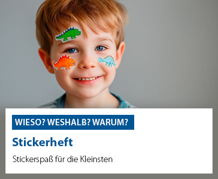 Ein lächelndes Kind mit Dinosaurier-Stickern im Gesicht. Text: 