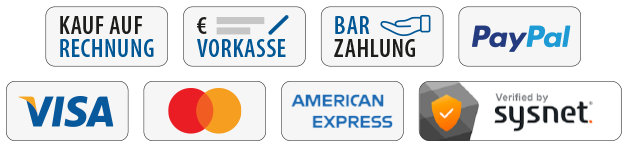 Bei uns kann man per PayPal, Kreditkarte, Rechnung, Vorkasse und Bar zahlen.
